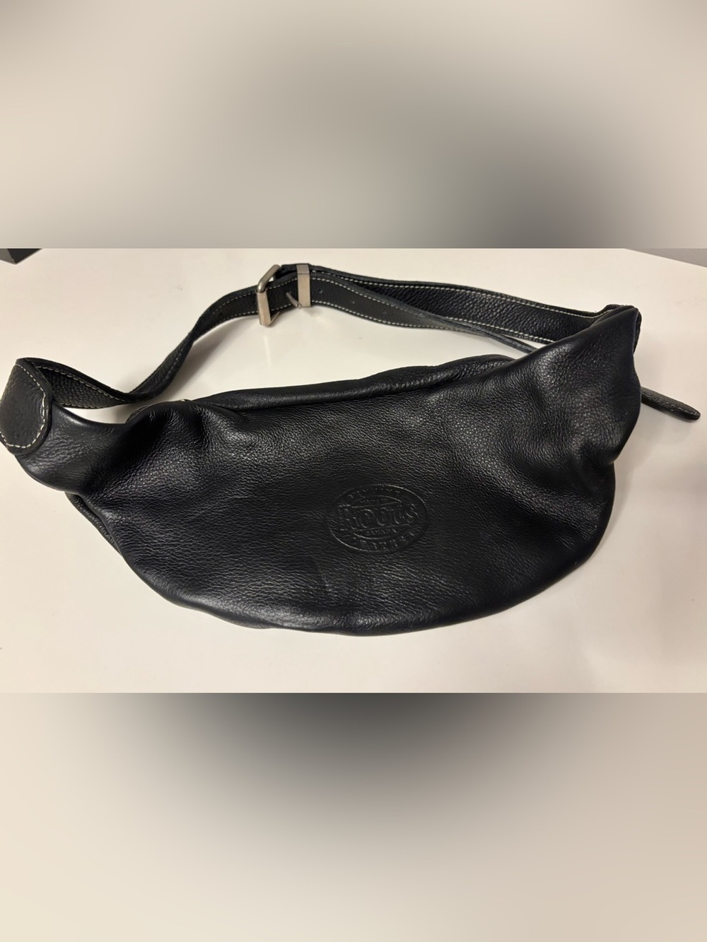 Roots Black Leather Fanny Pack  with Embossed Logo